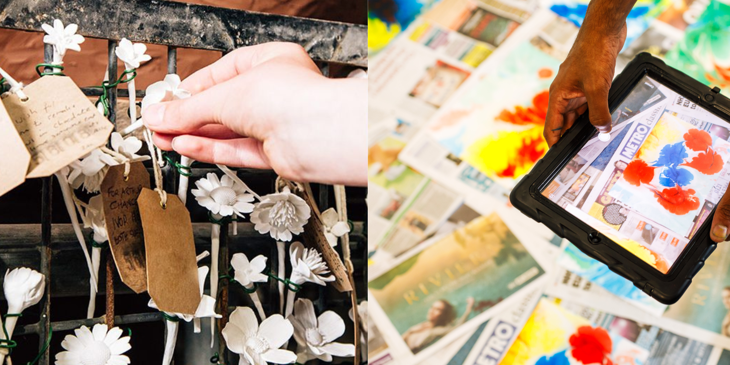 A picture of a child's hand with a clay flower and a teenager hand holding an ipad above paint splotches